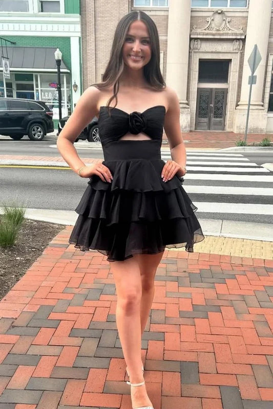 Well-made A Line Sweetheart Black Short Homecoming Dress with Ruffles Keyhole DP7203