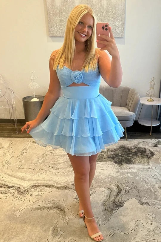 Well-made A Line Sweetheart Baby Blue Short Homecoming Dress with Ruffles Keyhole DP7201