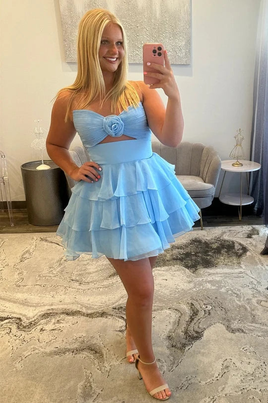 Well-made A Line Sweetheart Baby Blue Short Homecoming Dress with Ruffles Keyhole DP7201