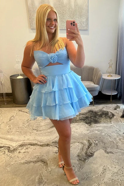 Well-made A Line Sweetheart Baby Blue Short Homecoming Dress with Ruffles Keyhole DP7201