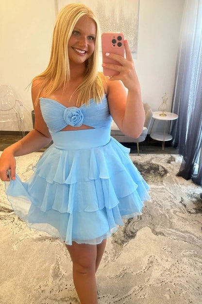 Well-made A Line Sweetheart Baby Blue Short Homecoming Dress with Ruffles Keyhole DP7201