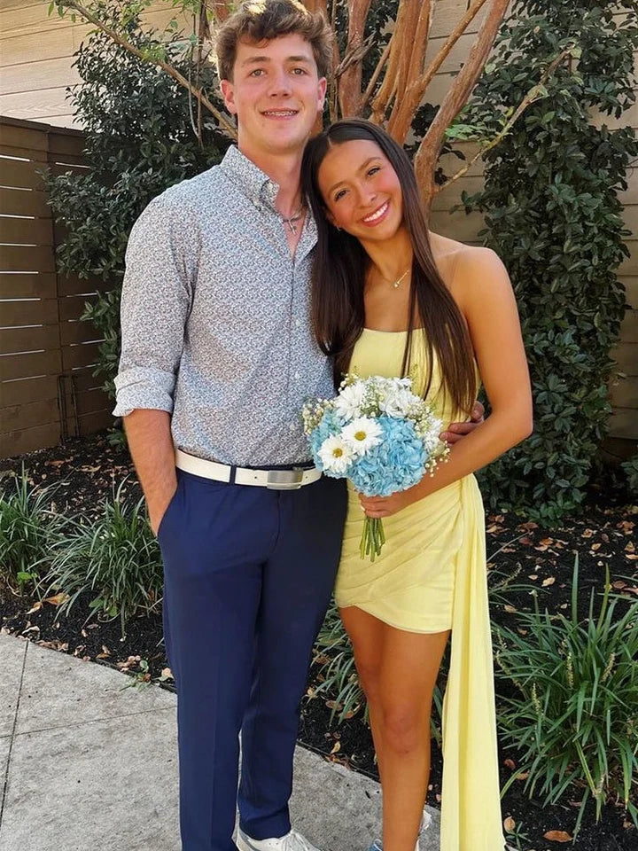 Attractive Sheath Strapless Yellow Short Homecoming Dress with Ruched DP7204