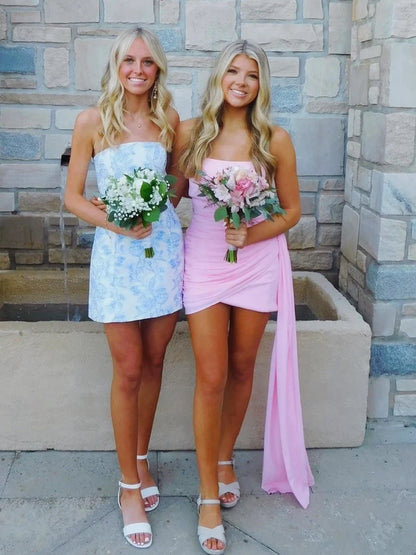 Attractive Sheath Strapless Pink Short Homecoming Dress with Ruched DP7205