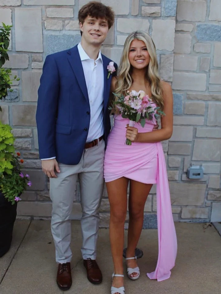 Attractive Sheath Strapless Pink Short Homecoming Dress with Ruched DP7205