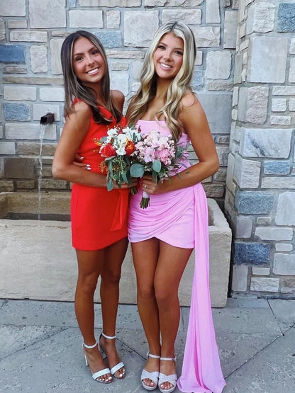 Attractive Sheath Strapless Pink Short Homecoming Dress with Ruched DP7205