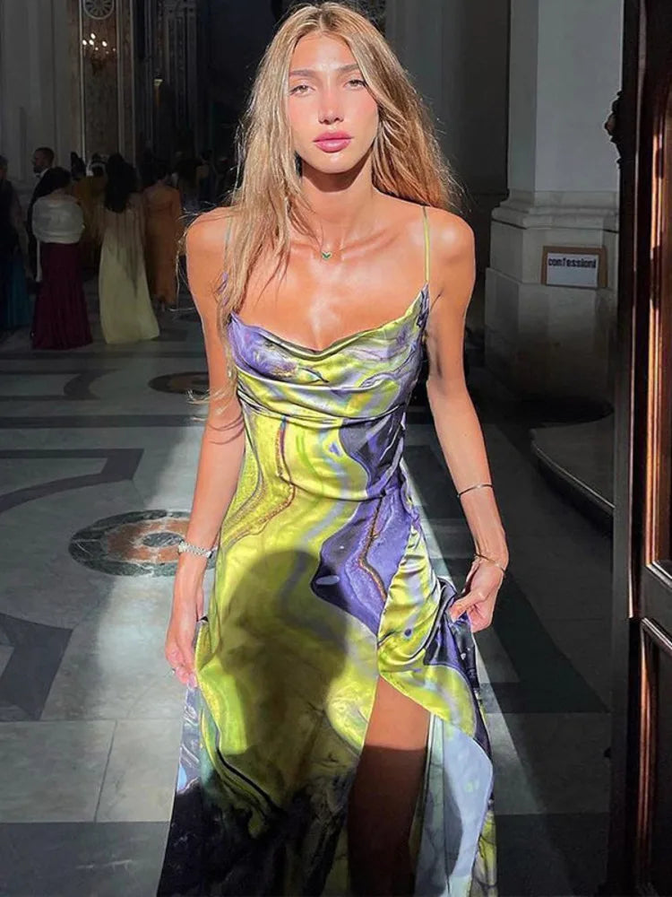 Sheath Spaghetti Strap Print Floral Satin Long Prom Dress Evening Dress with Slit DP1449