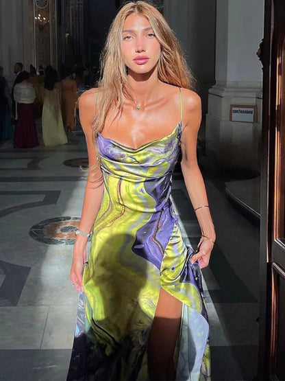 Sheath Spaghetti Strap Print Floral Satin Long Prom Dress Evening Dress with Slit DP1449
