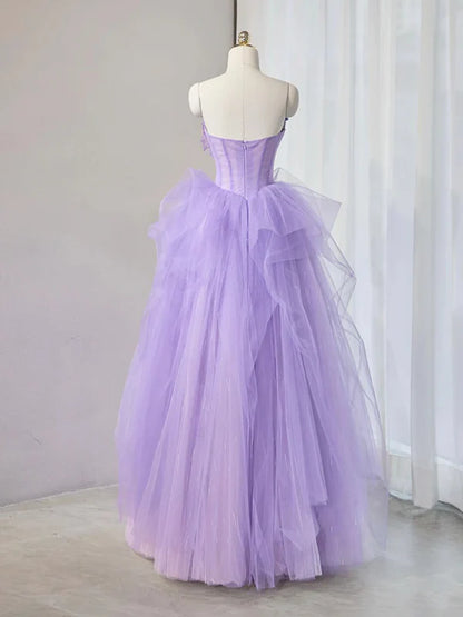 Purple A Line Sweetheart Neck Applique Tulle Long Prom Dress Evening Dress DP1235