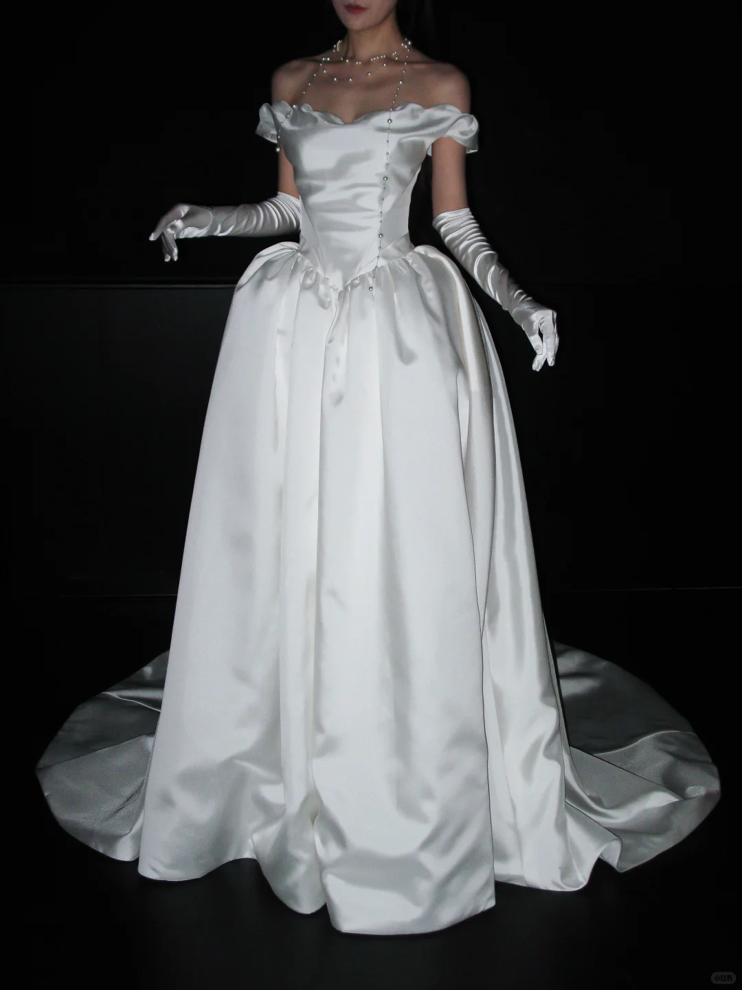 Chic Ball Gown Off the Shoulder White Satin Long Train Wedding Dress DP8100