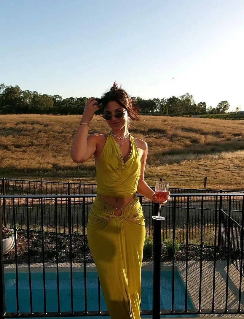 Green Sheath Halter Two Piece Satin Long Evening Dress Prom Dress DP1257