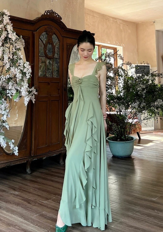 Summer Green A Line Straps Ruffle Chiffon Prom Dress Evening Dress DP5430