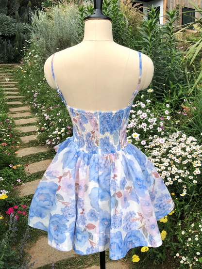 Blue Print Floral A Line Straps Chiffon Short Prom Dress Homecoming Dress DP5463