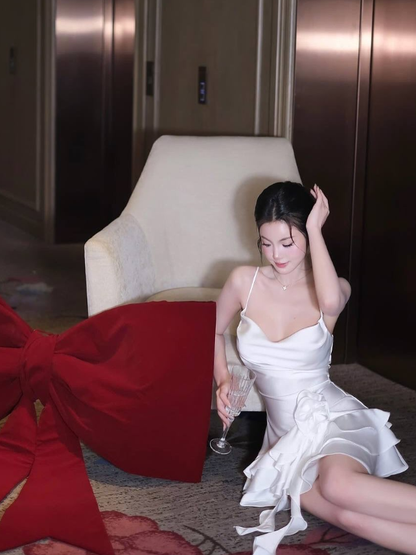 Simple White A Line Spaghetti Straps Satin Short Homecoming Dress DP4399