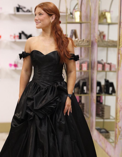 Cute Black A Line Off the Shoulder Pleated Satin Long Prom Dress Evening Dress DP6517