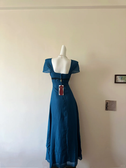 Vintage A Line Straps Beaded Peacock Blue Chiffon Prom Dress Outfits DP5014