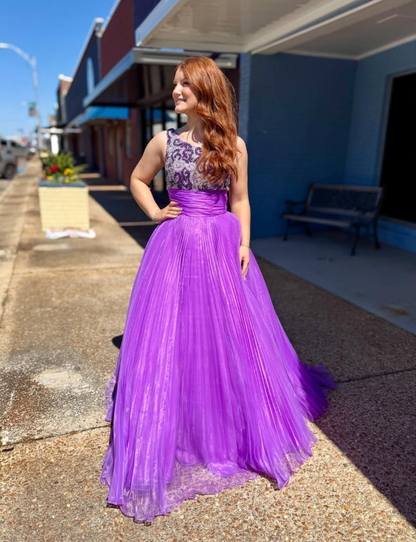 Beautiful A Line One Shoulder Beaded Purple Tulle Long Prom Dress Evening Dress DP6274