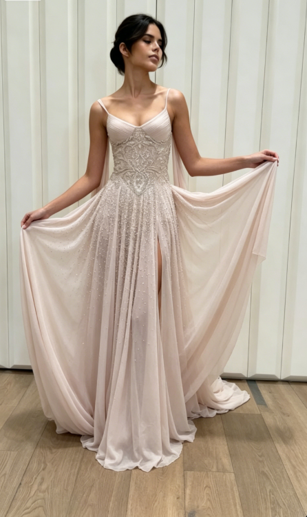 Stunning Light Pink A Line Straps Beaded Slit Chiffon Prom Dress Graduation Prom Dress DP5181