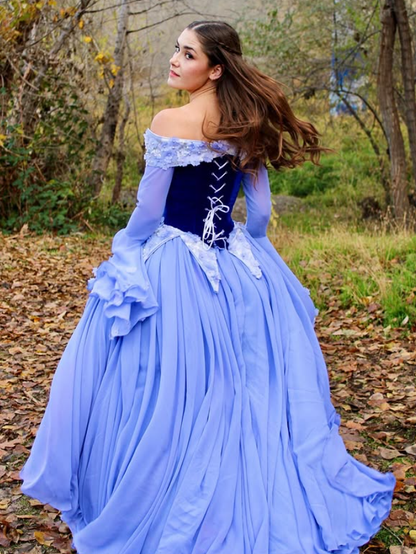 Stunning A Line Long Sleeve Purple Appliques Velvet Chiffon Prom Dress DP4431