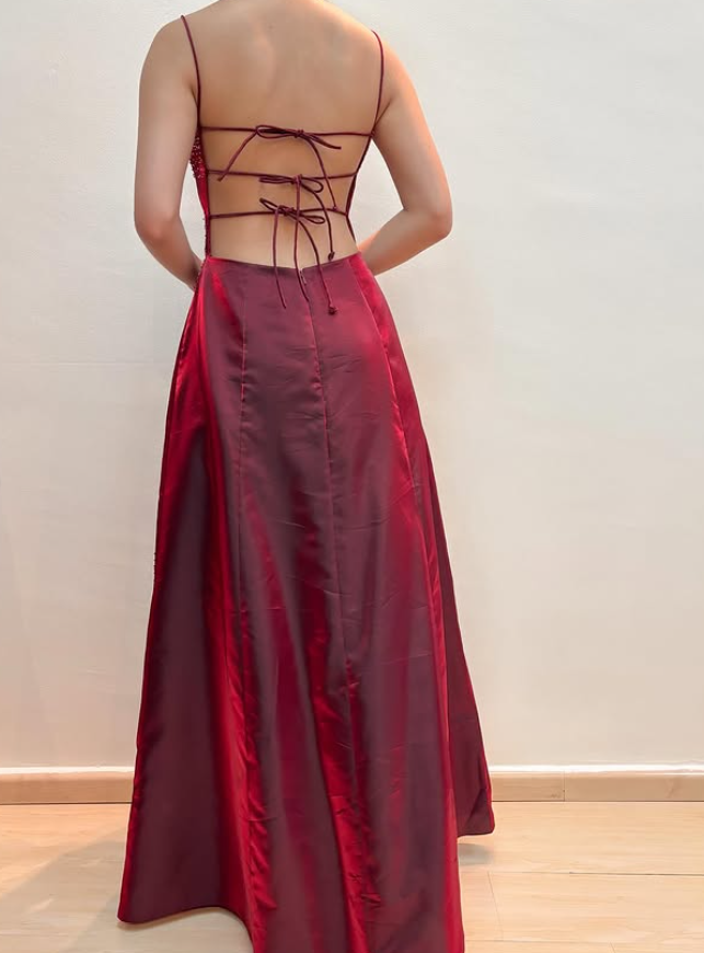 Vintage Dazzling A Line Beaded Satin Prom Dress Evening Dress Date Dress DP5285