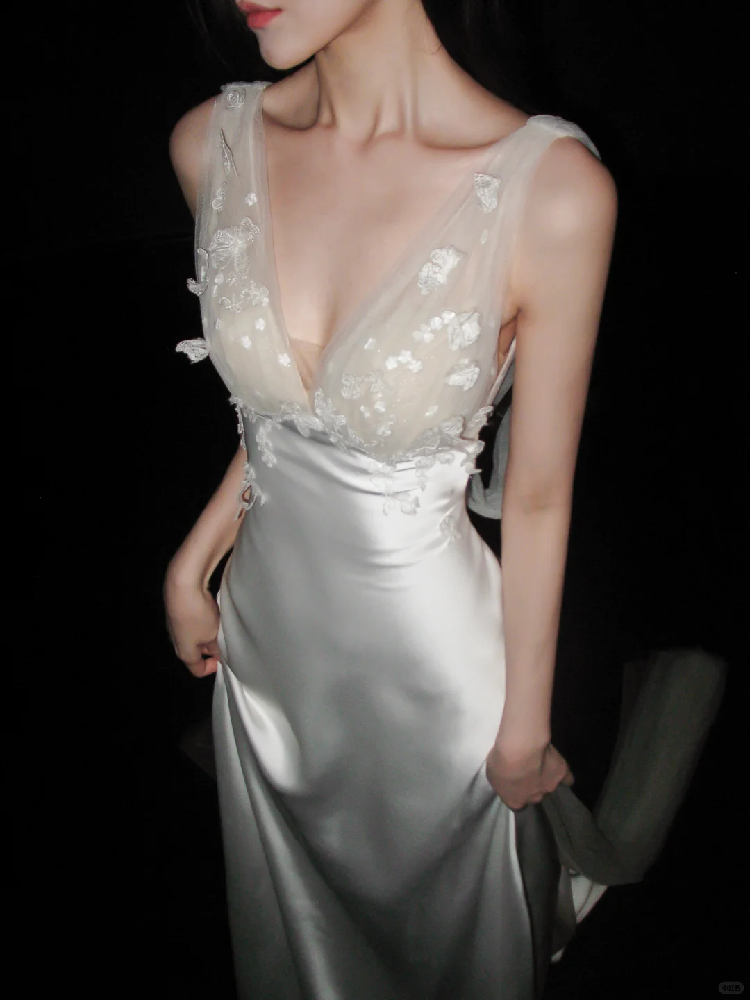 Romantic A Line V Neck 3D Floral Satin Tulle Long Wedding Dress DP5793