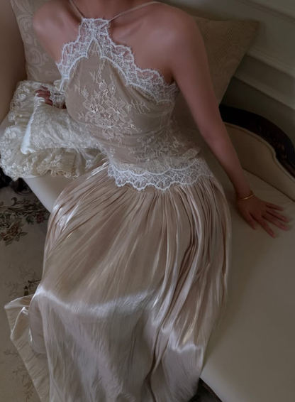 Romantic A Line Halter Apricot Lace Satin Prom Dress Evening Dress DP7924