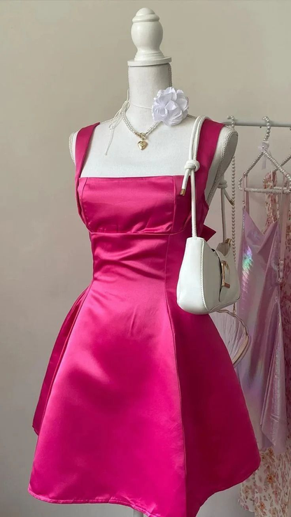 Hot Pink Satin A-Line Backless Mini Homecoming Dress With Bow DP500