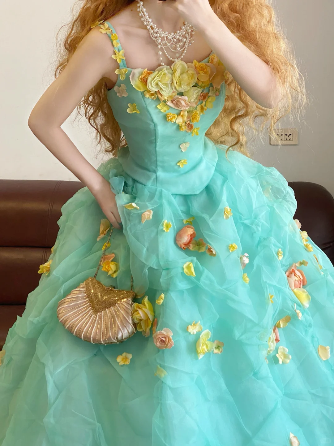 Blue Ball Gown Straps Floral Organza 16th Birthday Dress Quinceanera Dress DP4097