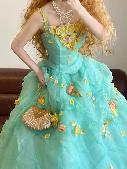 Blue Ball Gown Straps Floral Organza 16th Birthday Dress Quinceanera Dress DP4097