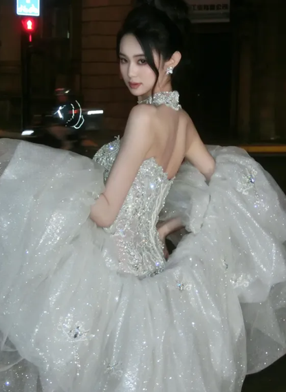 Elegant Mermaid Sweetheart Neck Sequin Beaded White Tulle Long Prom Dress Wedding Dress DP4649