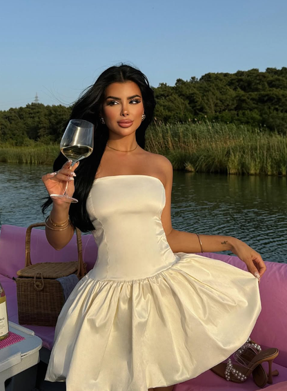 Simple A Line Strapless Ivory Satin Short Homecoming Dress Cocktail Dress DP3192