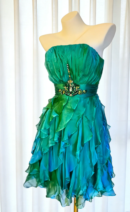 Vintage Stunning A Line Strapless Beaded Layered Ruffle Chiffon Short Homecoming Dress DP4723