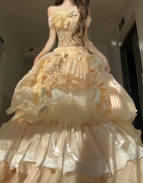 Cute Yellow Rose Ball Gown Off the Shoulder Beaded Satin Prom Dress 16th Birthday Dress DP4591