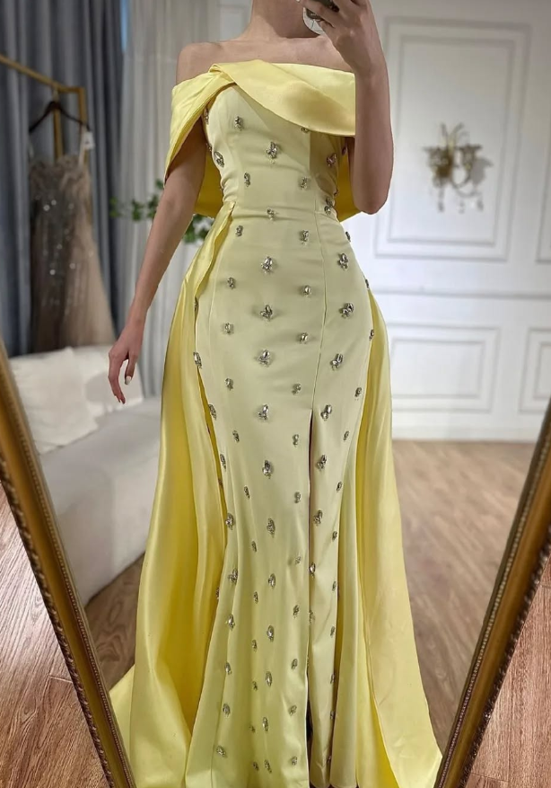 Yellow Sheath Off the Shoulder Rhinestone Satin Long Prom Dress Evening Dress DP1436