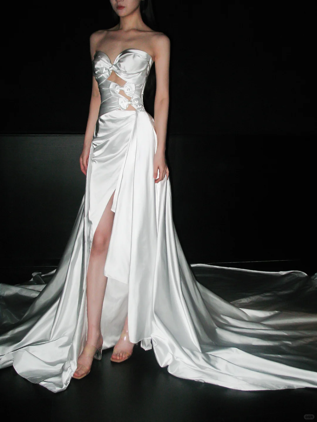 Cute A Line Sweetheart Neck Bow White Satin Slit Wedding Dress DP5302