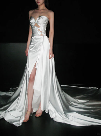 Cute A Line Sweetheart Neck Bow White Satin Slit Wedding Dress DP5302