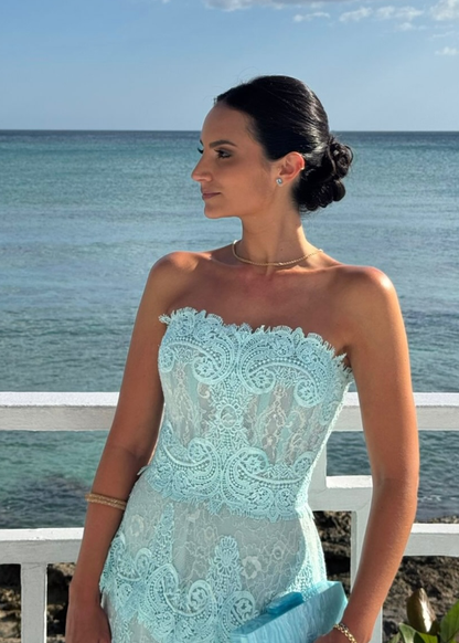 Blue A Line Strapless Layered Lace Long Prom Dress Evening Dress DP6229