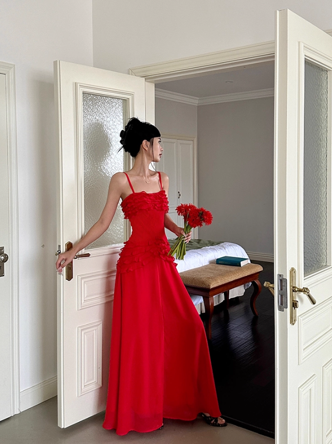 Charming Red A Line Spaghetti Strap Chiffon Prom Dress Date Dress Outfits DP3457