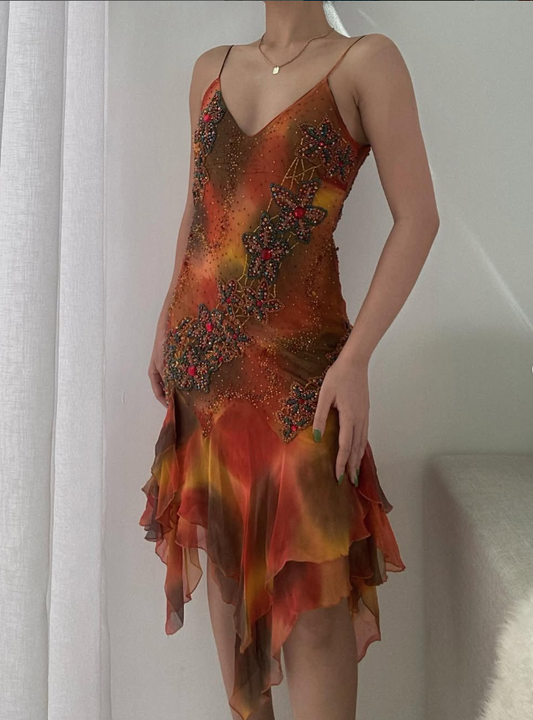 Vintage A Line Spaghetti Strap Beaded Ruffle Chiffon Evening Dress Homecoming Dress DP1652