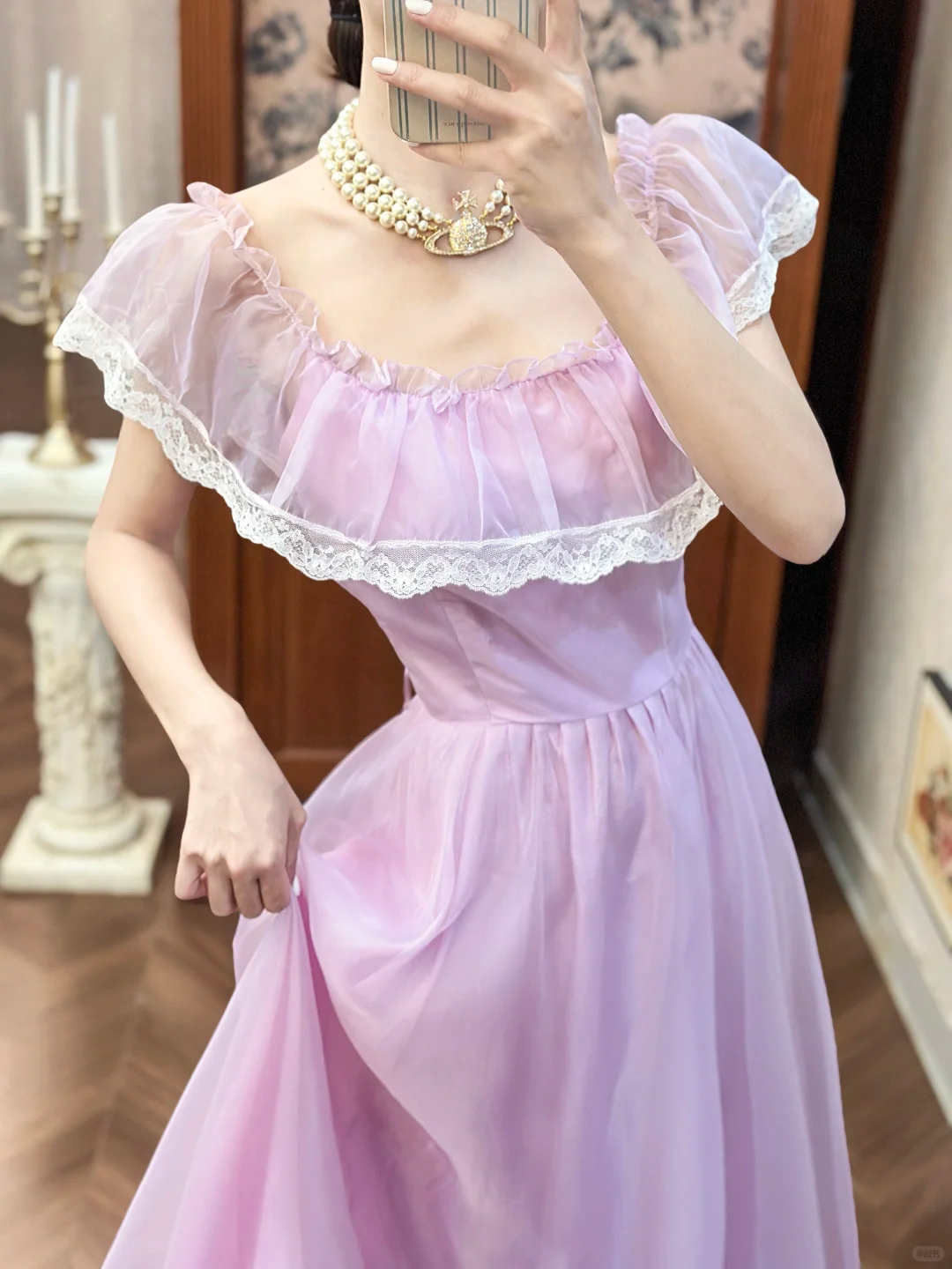 Vintage Lilac A Line Round Neck White Lace Chiffon Long Prom Dress Evening Dress DP5614
