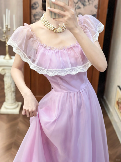 Vintage Lilac A Line Round Neck White Lace Chiffon Long Prom Dress Evening Dress DP5614