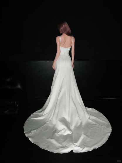 Glossy Mermaid Strap White Satin Long Sweep Wedding Dress DP5203