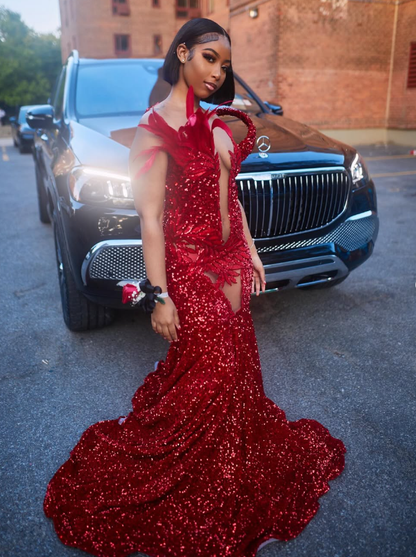Sexy Mermaid V Neck Feather Red Sequin Long Sweep Prom Dress Evening Dress DP1707