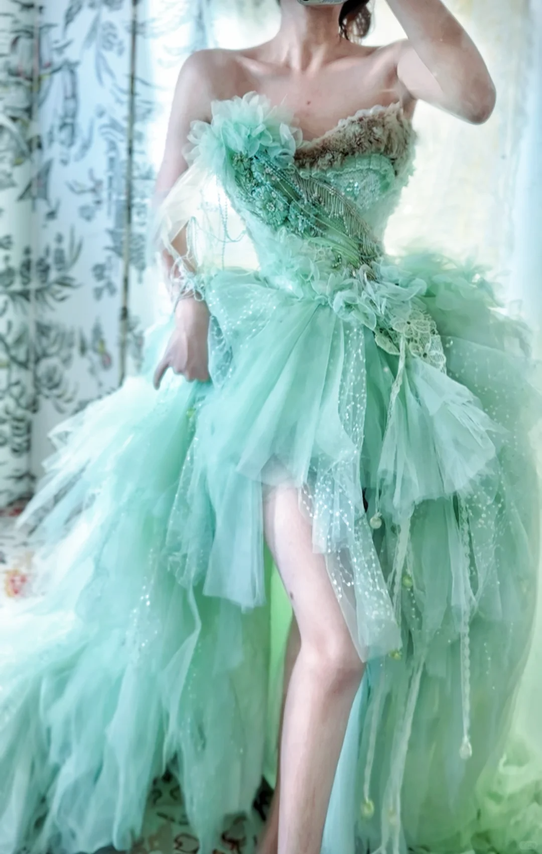 Stunning Green Ball Gown Strapless Floral Exquisite Beaded Tulle Prom Dress with Slit DP3819