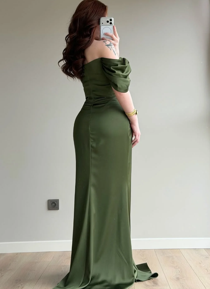 Elegant Olive Green A Line Off the Shoulder Satin Prom Dress Date Dress DP5089