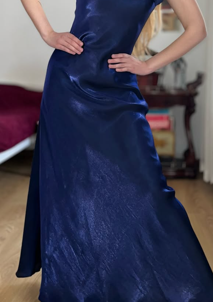 Dazzling Navy Blue A Line Straps Floral Satin Prom Dress Evening Dress Date Dress DP5703