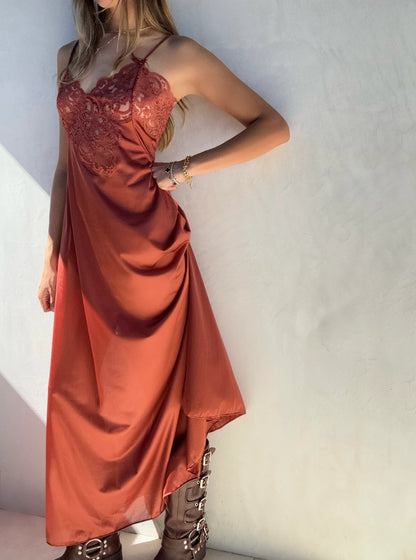 Brick Red A Line Spaghetti Strap Lace Satin Long Prom Dress Wedding Guest Dress DP3742