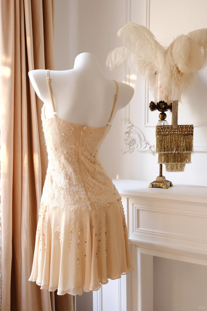 Vintage Apricot A Line Beaded Lace Chiffon Short Prom Dress Homecoming Dress DP5437