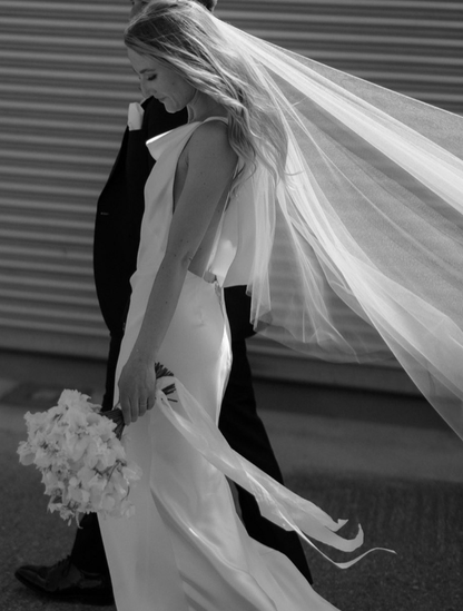 Open Back Sexy Sheath Round Neck White Satin Long Wedding Dress DP4303
