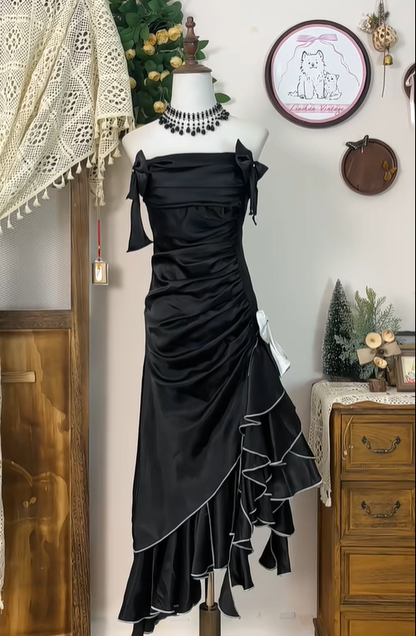 Vintage A Line Strapless Ruffle Bow Black Satin Party Dress Wedding Guest Dress DP2496