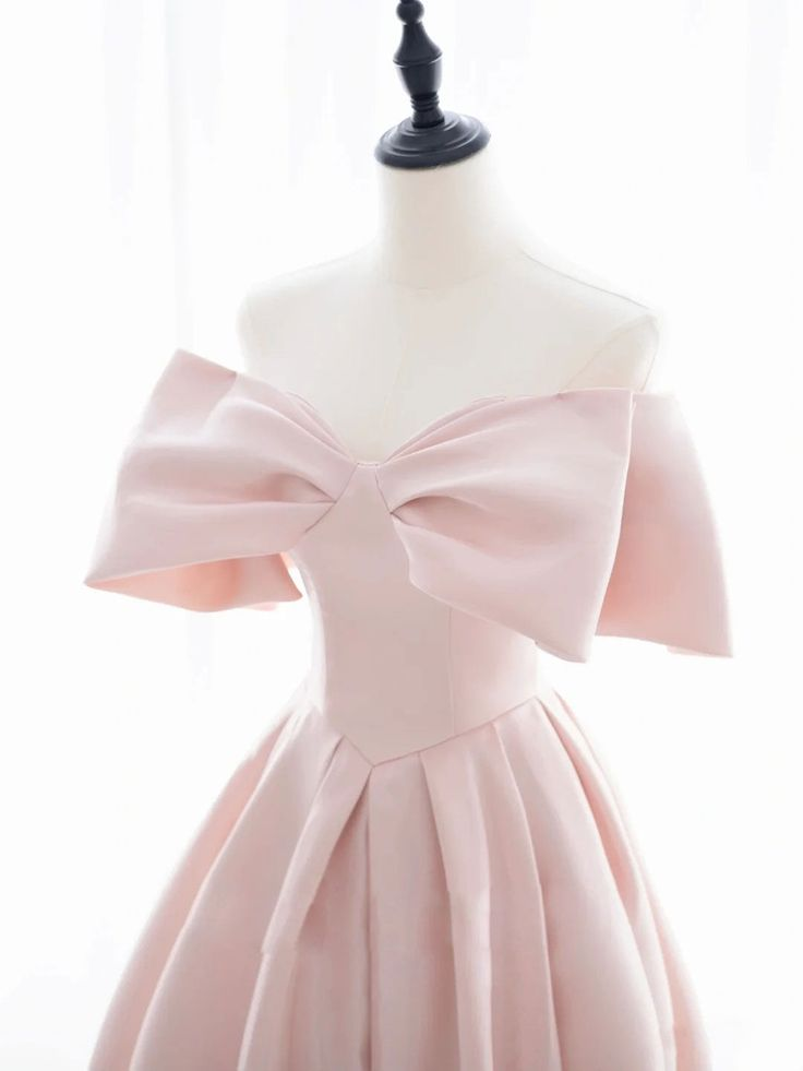 Cute Pink Bow Off Shoulder Satin Short Prom Dress Homecoming Dress DP536